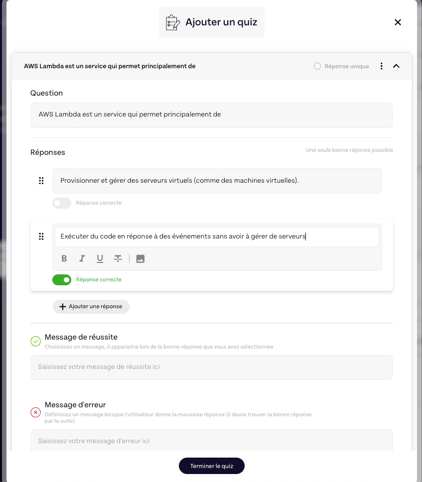 Interface de création de d'un Quizz coté formateur (Skiller)