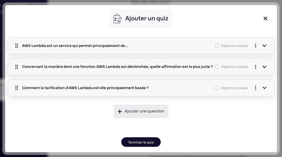 Interface de création de d'un Quizz coté formateur (Skiller)